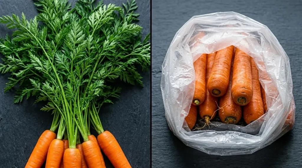 Imagen dividida: zanahorias con corona y bolsa con zanahorias sin corona.