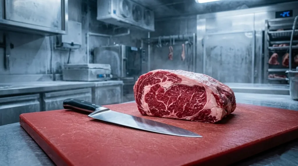 Lomo de res sobre tabla roja con cuchillo en interior de una cava cuarto.